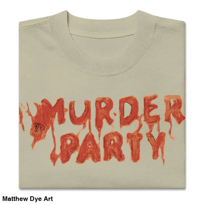Folded beige Murder Party Mayhem oversized t-shirt with wide neck ribbing design