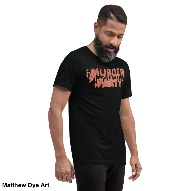 Black Murder Party Mayhem unisex tri-blend t-shirt featuring bold horror art design