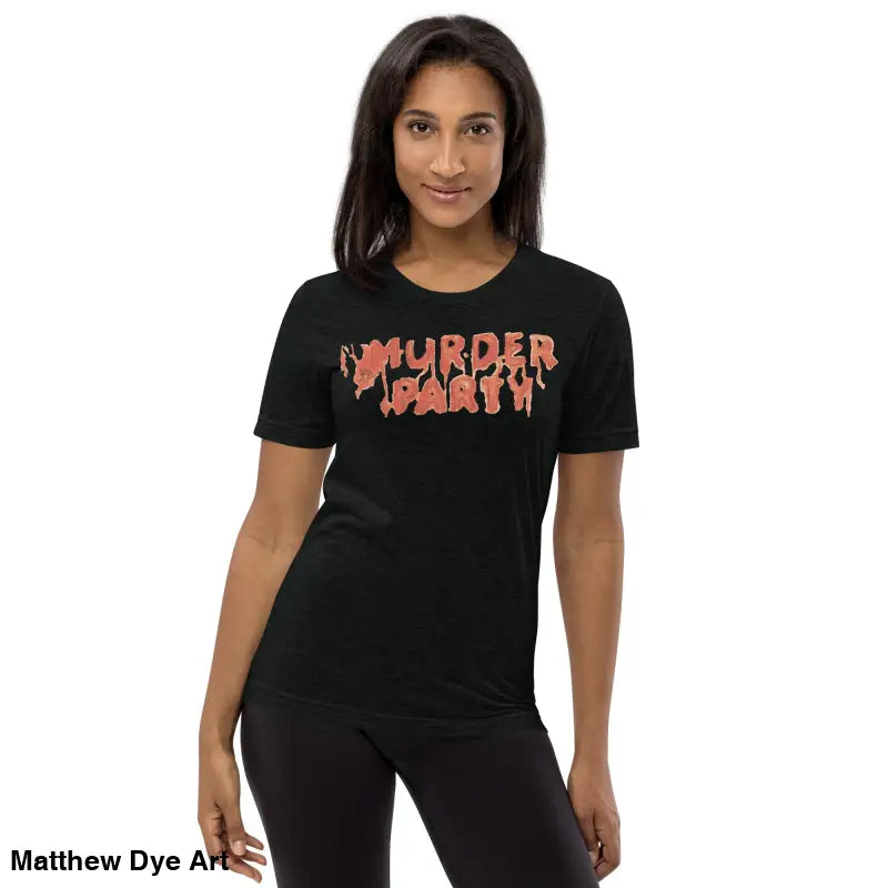 Black Murder Party Mayhem t-shirt featuring bold graphic text design for horror fans