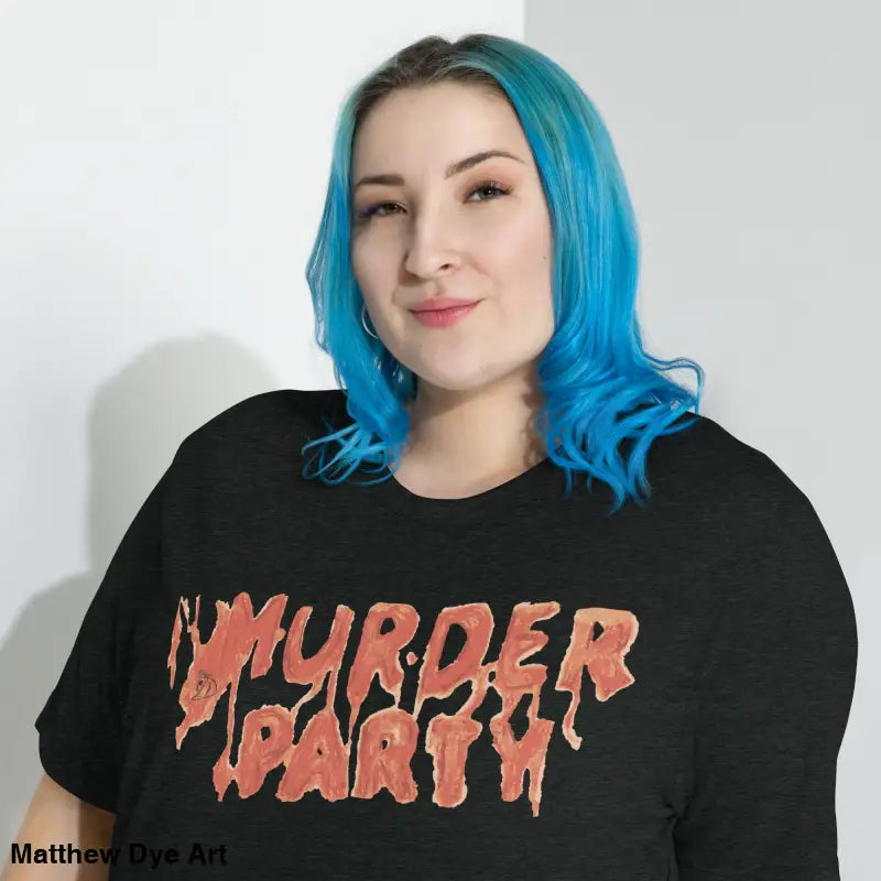 Black t-shirt featuring Murder Party text from the Murder Party Mayhem collection