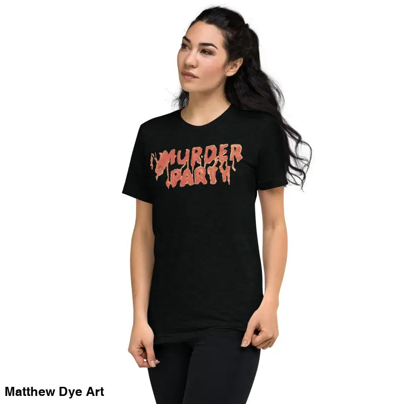 Black t-shirt featuring Murder Party text from the Murder Party Mayhem collection