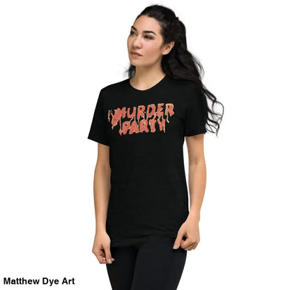Black t-shirt featuring Murder Party text from the Murder Party Mayhem collection