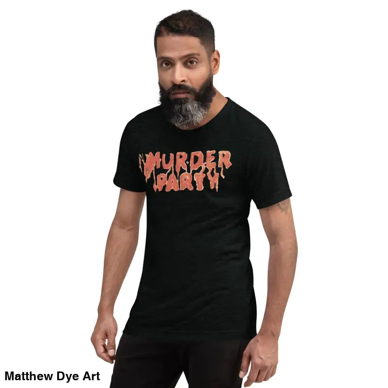 Black Murder Party Mayhem tri-blend t-shirt featuring bold horror-themed design