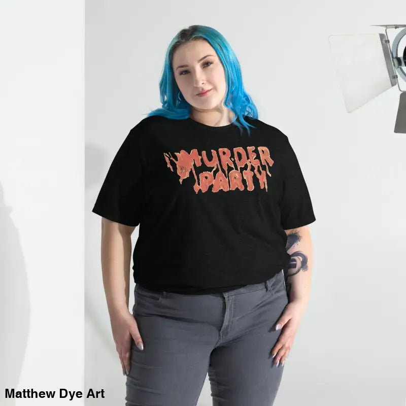 Black Murder Party Mayhem tri-blend t-shirt featuring bold horror art design