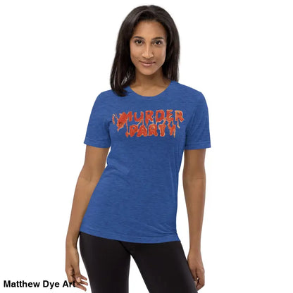 Blue Murder Party Mayhem unisex horror art t-shirt featuring bold text design