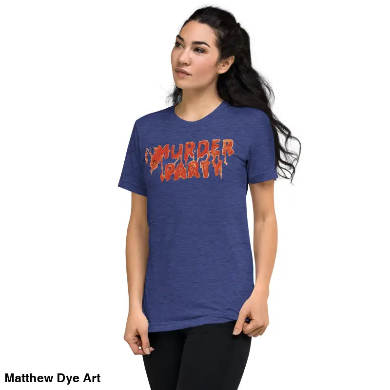 Blue Murder Party Mayhem unisex t-shirt featuring bold graphic text for horror fans