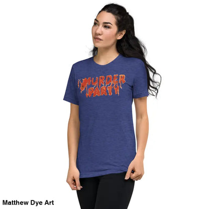 Blue Murder Party Mayhem unisex t-shirt featuring bold graphic text for horror fans