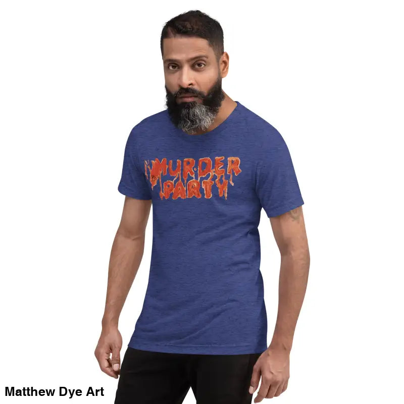 Blue Murder Party Mayhem t-shirt featuring bold text for horror art enthusiasts
