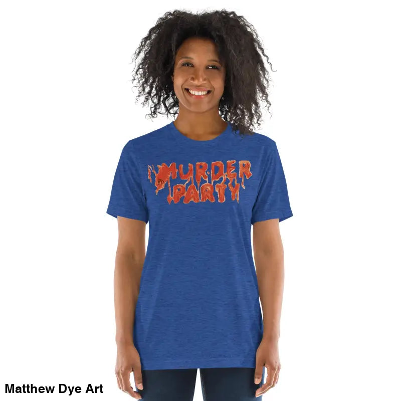 Blue Murder Party Mayhem unisex horror art tri-blend t-shirt showcasing stylish design
