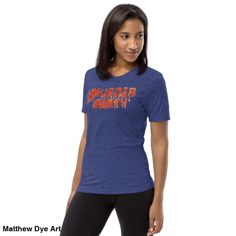 Blue Murder Party Mayhem unisex t-shirt featuring bold text for horror art enthusiasts
