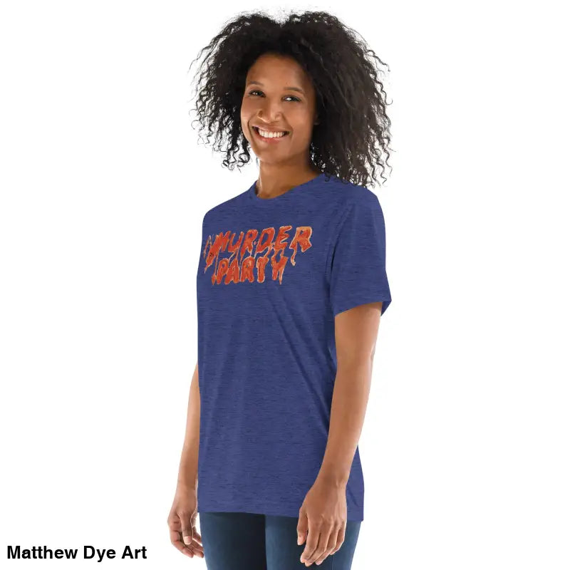 Blue T-shirt featuring Murder Party text for the Murder Party Mayhem collection