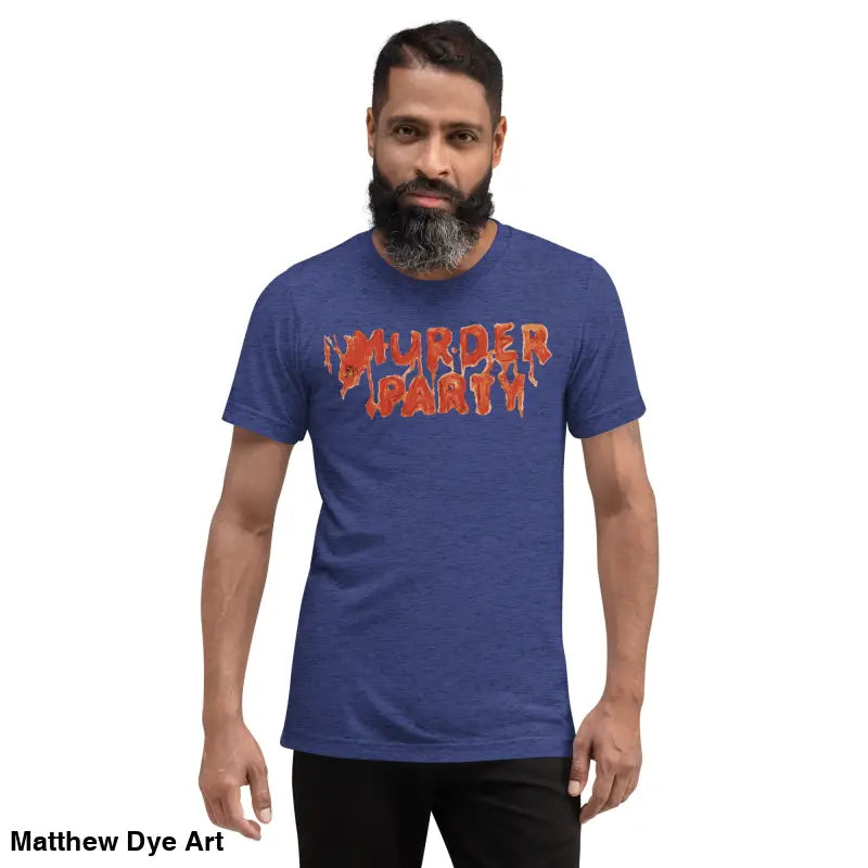 Blue Murder Party Mayhem unisex horror art t-shirt featuring bold text design