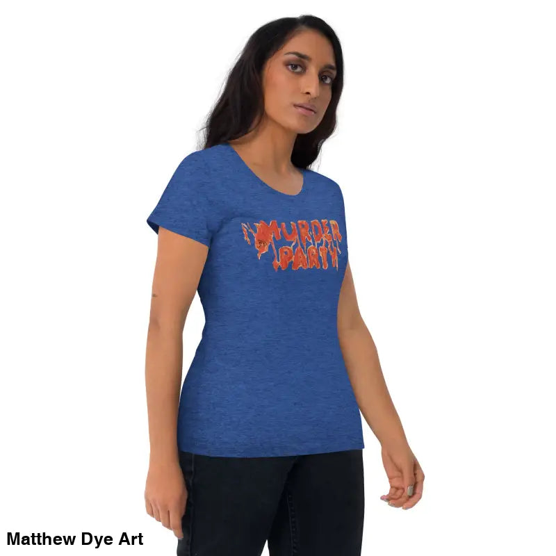 Blue t-shirt featuring orange text from the Murder Party Mayhem design
