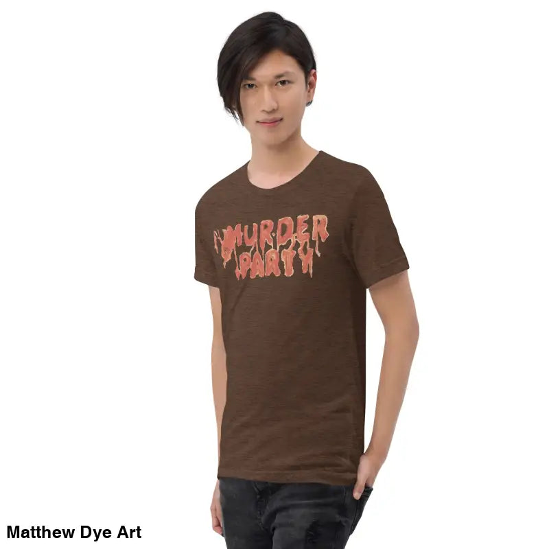 Brown Murder Party Mayhem unisex tri-blend t-shirt featuring bold text design
