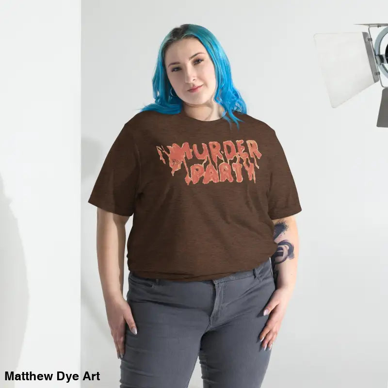Brown Murder Party Mayhem tri-blend t-shirt, perfect for horror art enthusiasts