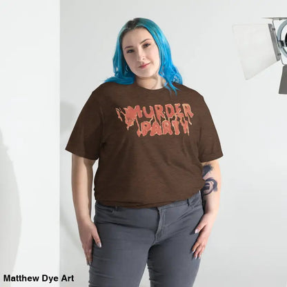 Brown Murder Party Mayhem tri-blend t-shirt, perfect for horror art enthusiasts
