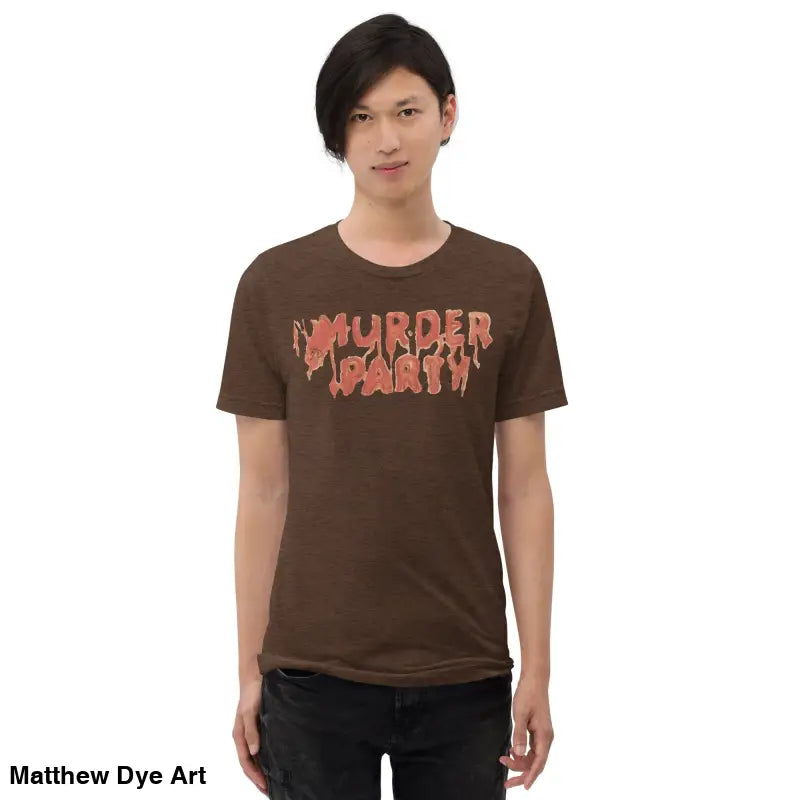 Brown Murder Party Mayhem t-shirt featuring a graphic design for horror art enthusiasts