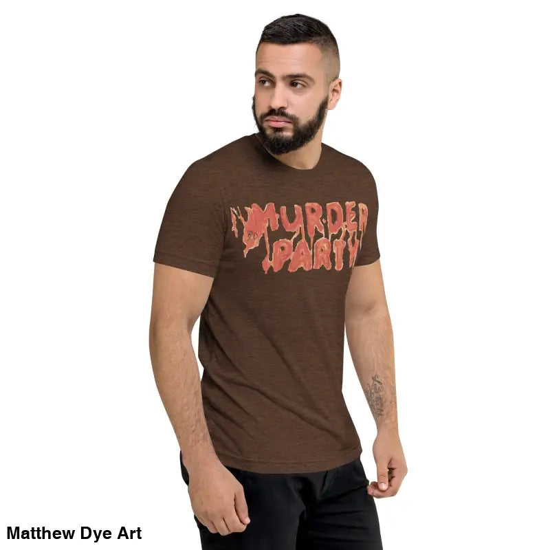 Brown Murder Party Mayhem unisex t-shirt featuring bold text for horror art enthusiasts