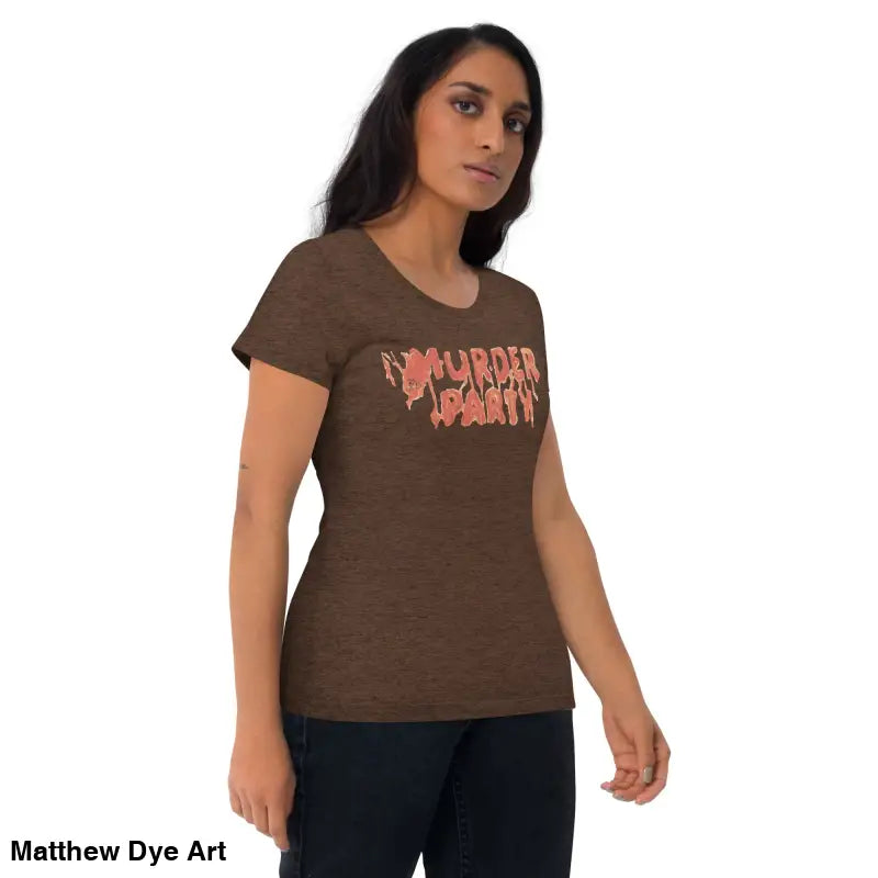 Brown Murder Party Mayhem tri-blend t-shirt featuring bold graphic text design