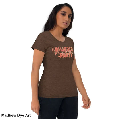 Brown Murder Party Mayhem tri-blend t-shirt featuring bold graphic text design