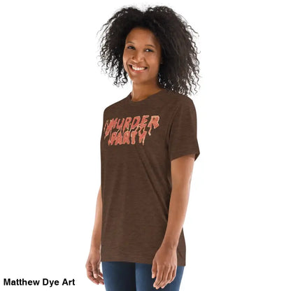Brown Murder Party Mayhem unisex tri-blend t-shirt for horror art enthusiasts