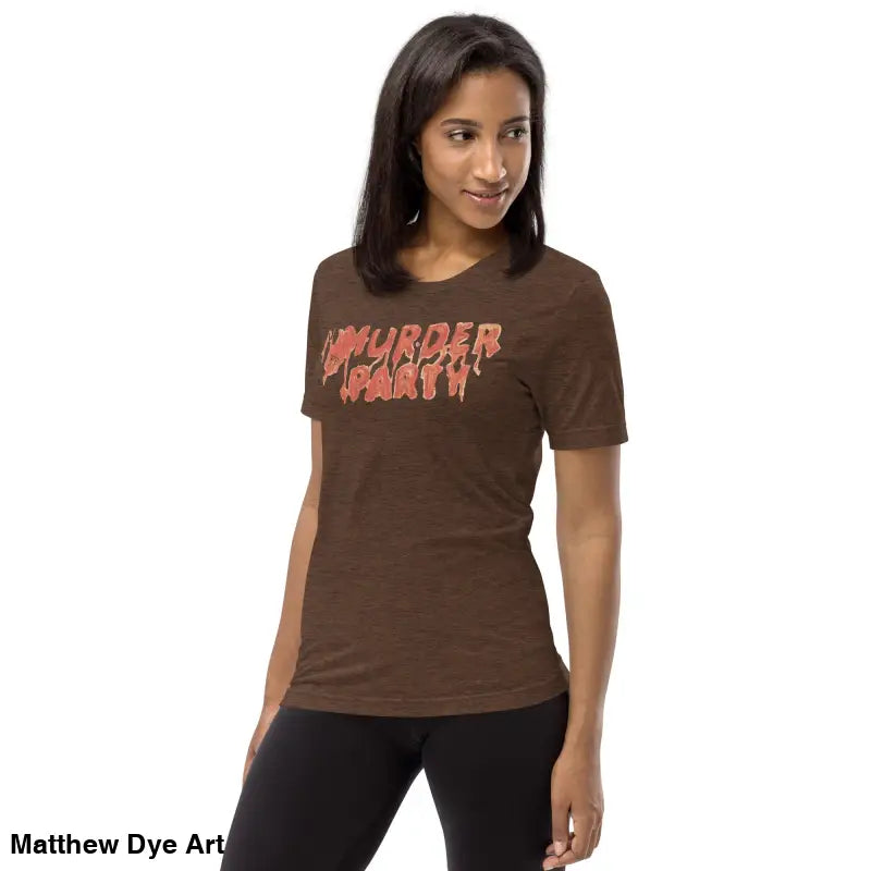 Brown Murder Party Mayhem unisex tri-blend t-shirt featuring bold text design
