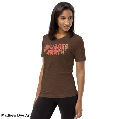 Brown Murder Party Mayhem unisex tri-blend t-shirt featuring bold text design