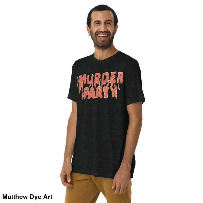Murder Party Mayhem graphic tee showcasing unique horror art on a tri-blend shirt