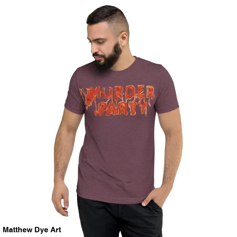 Maroon Murder Party Mayhem unisex t-shirt featuring bold text design for horror fans