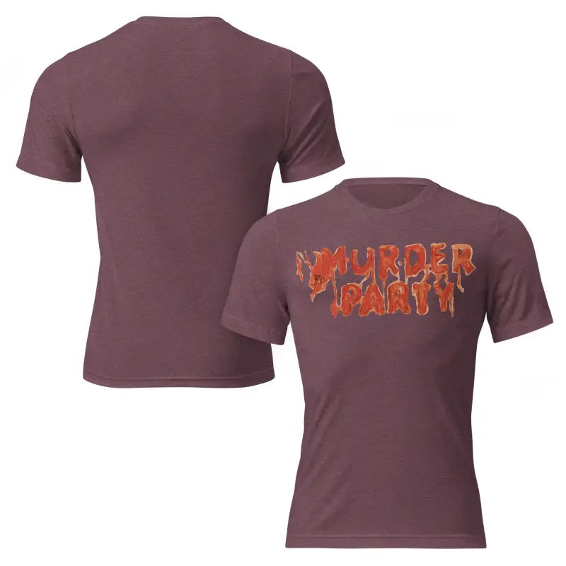 Maroon Murder Party Mayhem unisex t-shirt featuring eye-catching horror art design