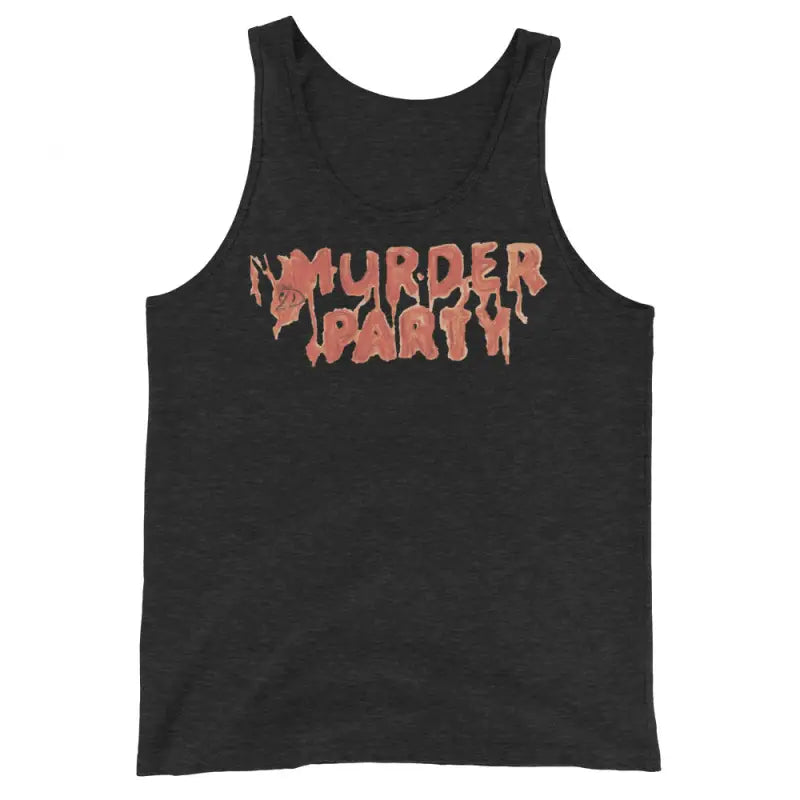 Black Murder Party Men’s tank top featuring orange horror-style lettering for performance