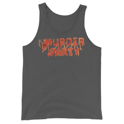 Dark gray Murder Party men’s tank top with red dripping text for style and performance