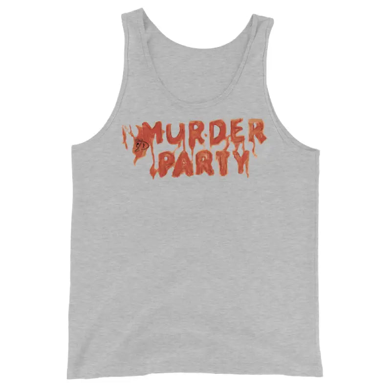 Gray Murder Party Men’s Tank Top featuring red dripping letters for style and performance