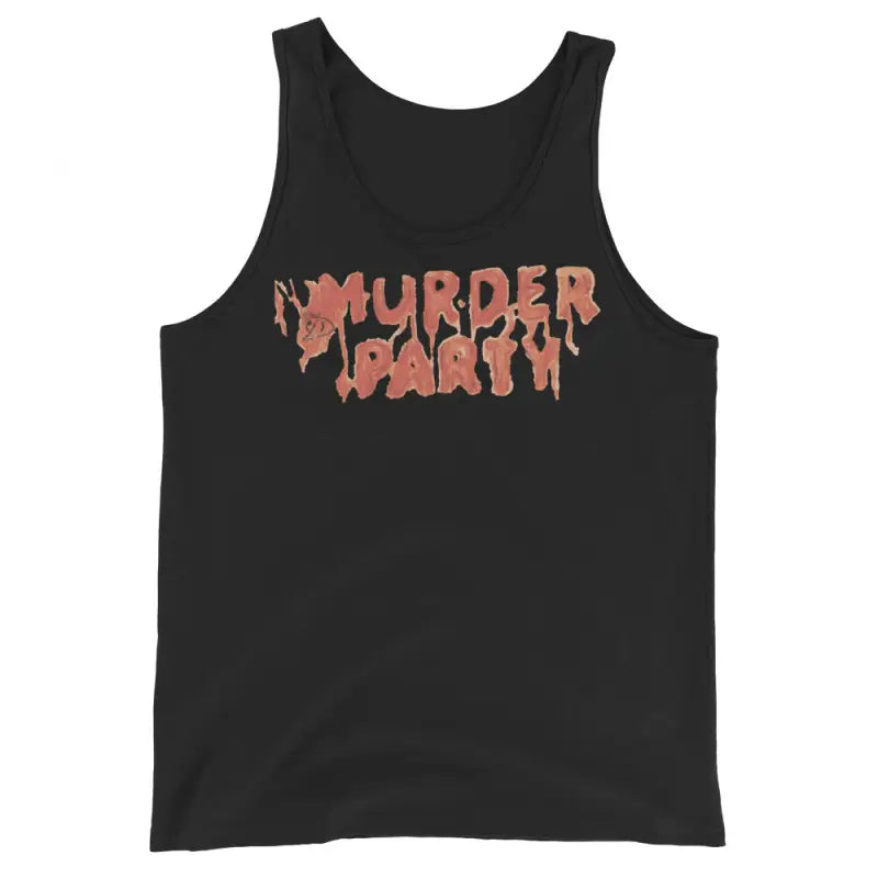 Black Murder Party Men’s Tank Top featuring orange dripping text for stylish performance