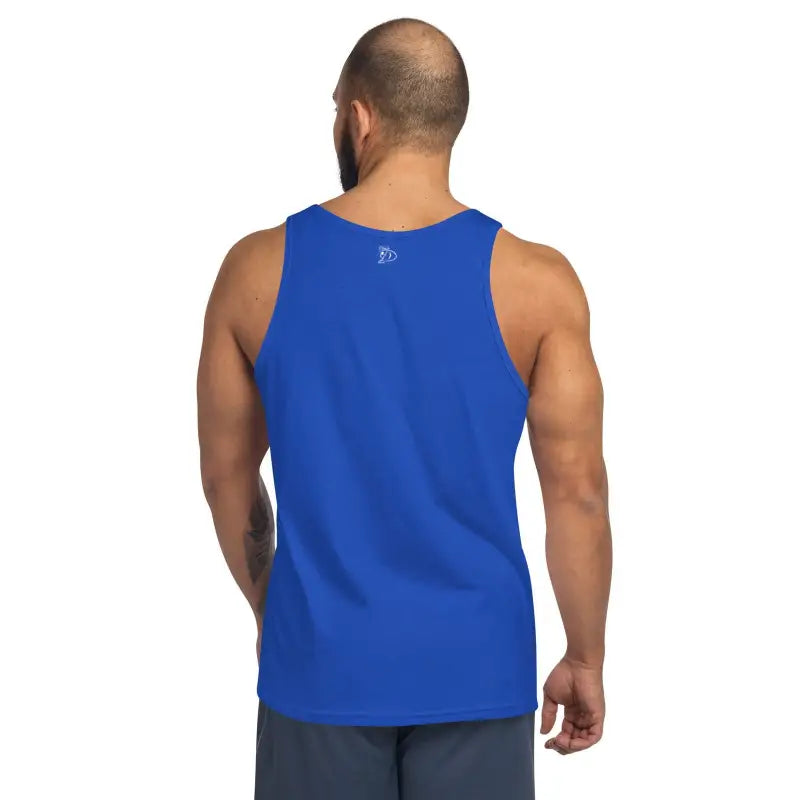 Bright blue sleeveless athletic tank top back view from Murder Party Men’s collection