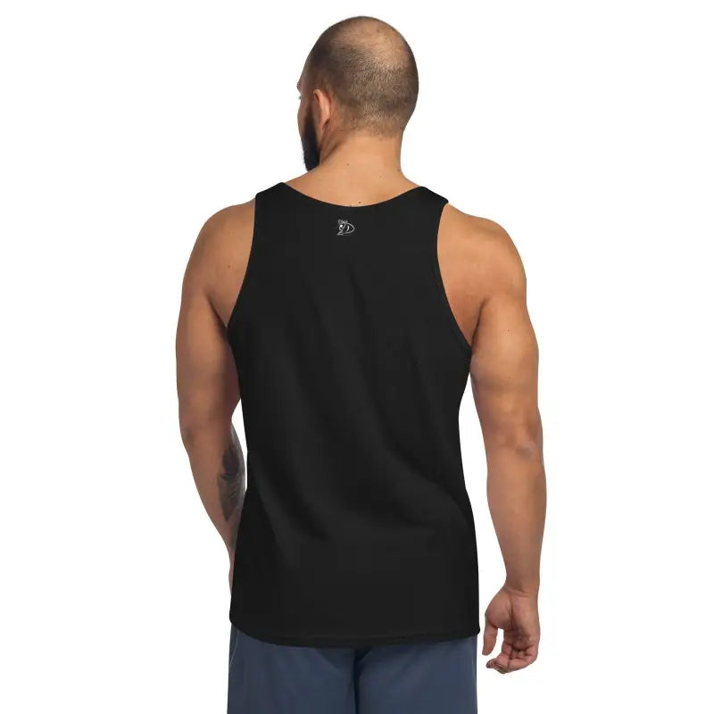 Black sleeveless athletic tank top viewed from the back, ideal for Murder Party Men’s style