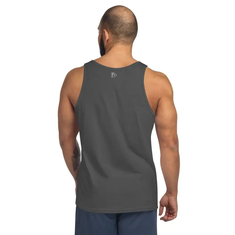 Dark gray sleeveless athletic tank top back view from Murder Party Men’s Tank collection