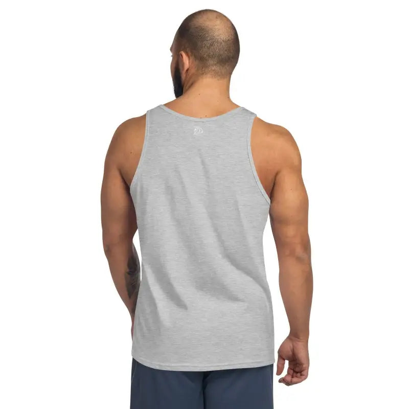 Gray sleeveless athletic tank top back view for Murder Party Men’s Tank Top