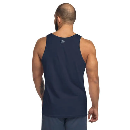 Navy blue sleeveless athletic tank top back view for Murder Party Men’s style and performance