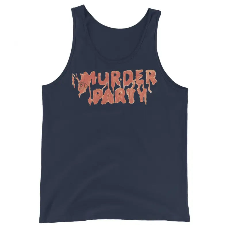 Navy blue Murder Party men’s tank top featuring orange graphic text design