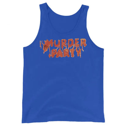 Royal Blue Murder Party Men’s Tank Top with Dripping Orange Text for Style and Performance