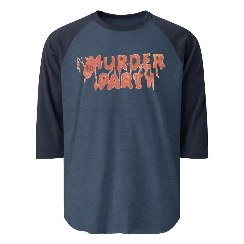 Navy blue Murder Party raglan tee featuring orange dripping letters for bold expression