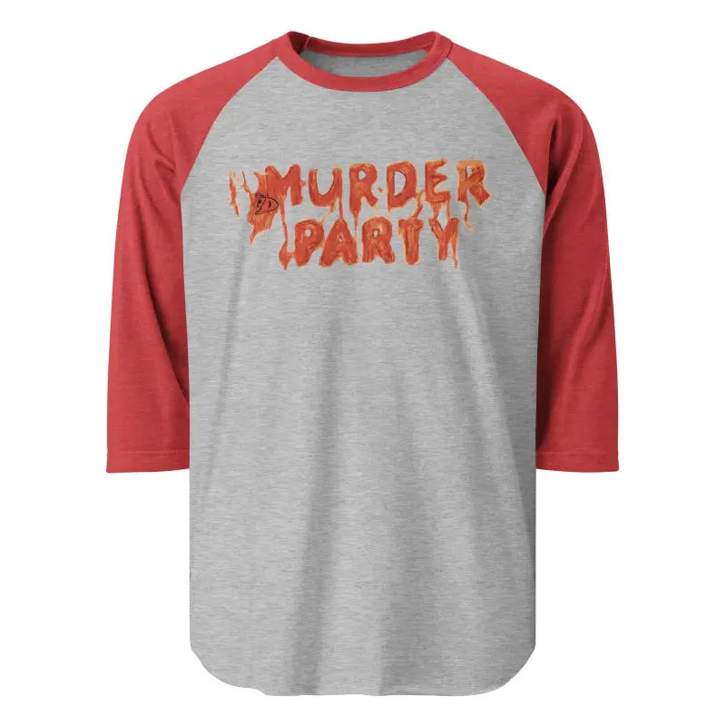 Baseball-style Murder Party Raglan Tee with red sleeves and dripping orange text design