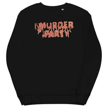 Black murder party sweatshirt with orange lettering for cozy gothic comfort