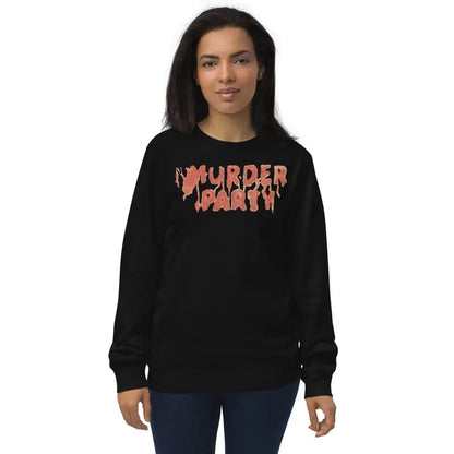 Black Murder Party sweatshirt with red dripping letters for cozy gothic comfort