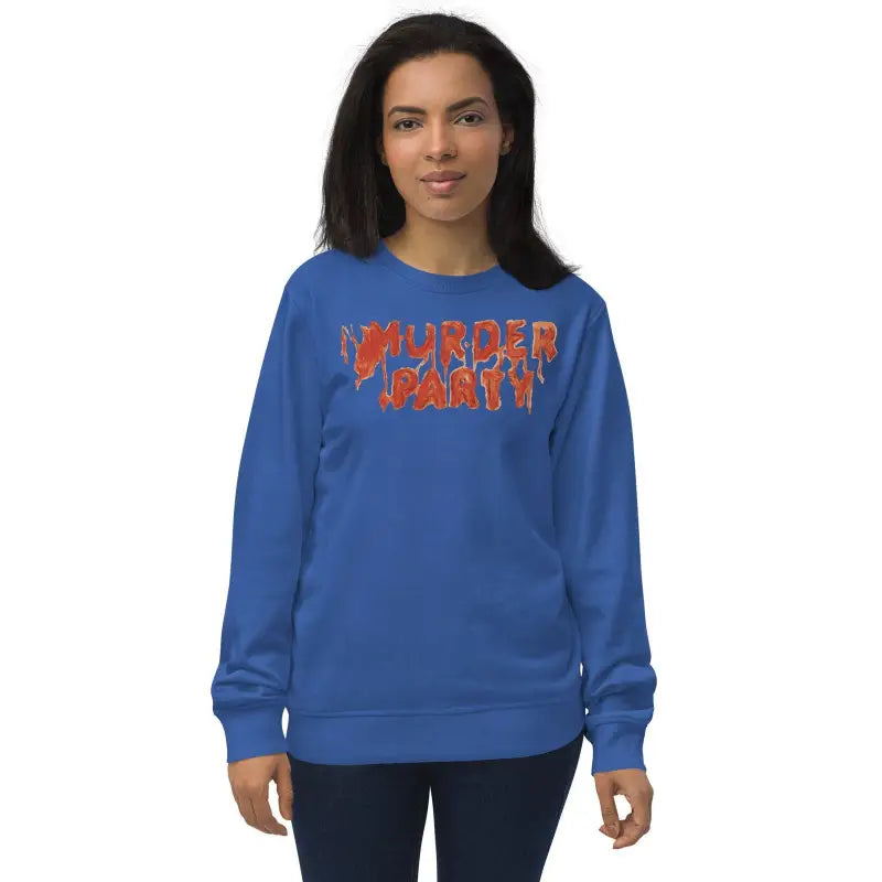 Blue Murder Party sweatshirt with red text, perfect for cozy gothic comfort