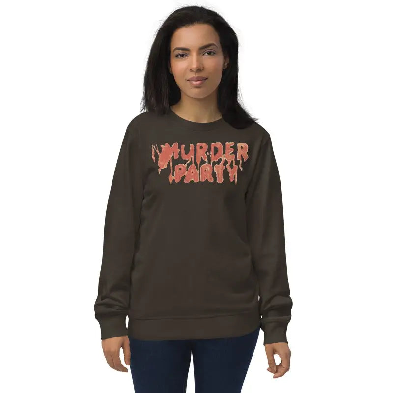 Dark brown Murder Party sweatshirt with red lettering for cozy gothic comfort