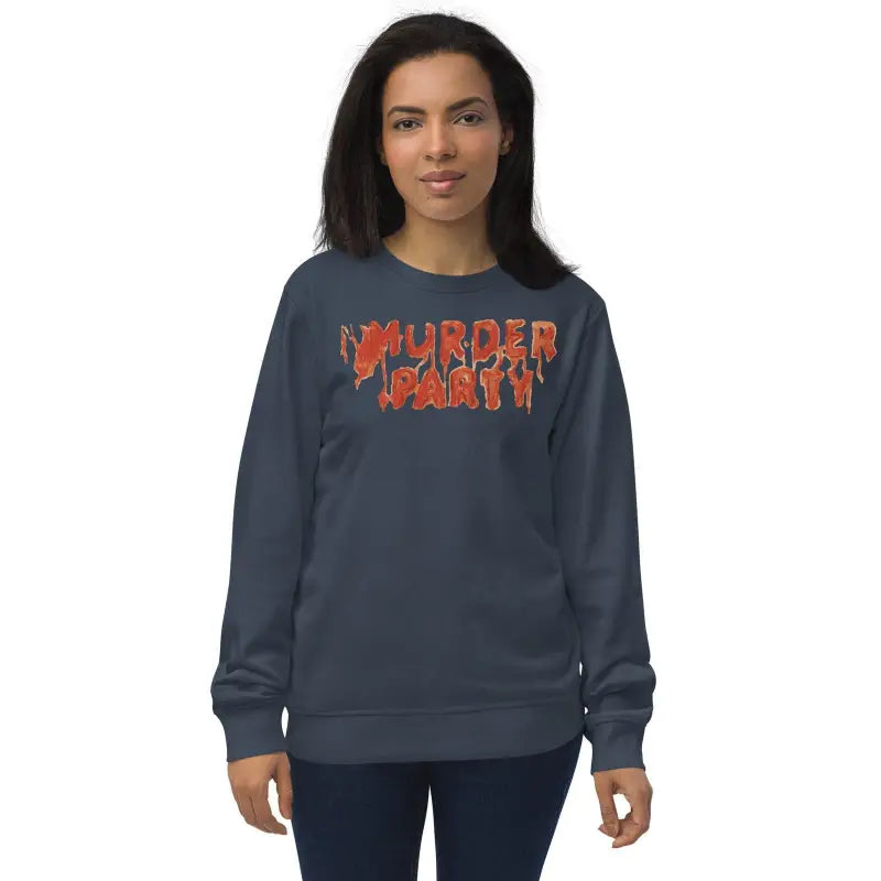 Navy blue murder party sweatshirt with red text for cozy gothic comfort and style