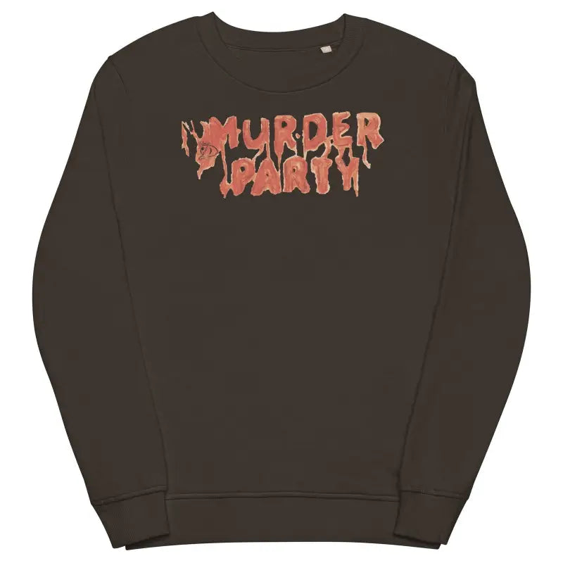 Black Murder Party sweatshirt featuring orange-red text for eco-friendly gothic comfort