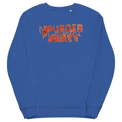 Royal blue Murder Party sweatshirt with orange dripping text for cozy gothic comfort